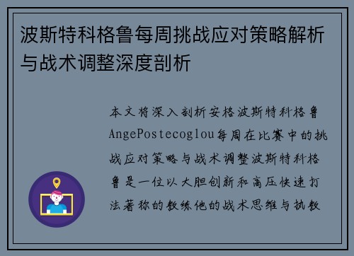 波斯特科格鲁每周挑战应对策略解析与战术调整深度剖析